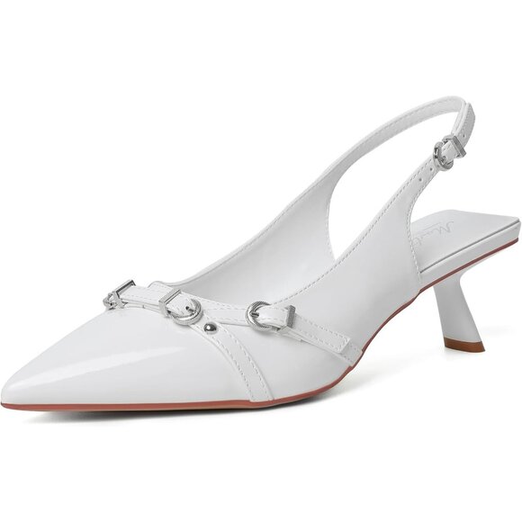 Mostrin Kitten Heel White Mesh Low Slingback Heels with Buckle Dress Shoes - Picture 1 of 9
